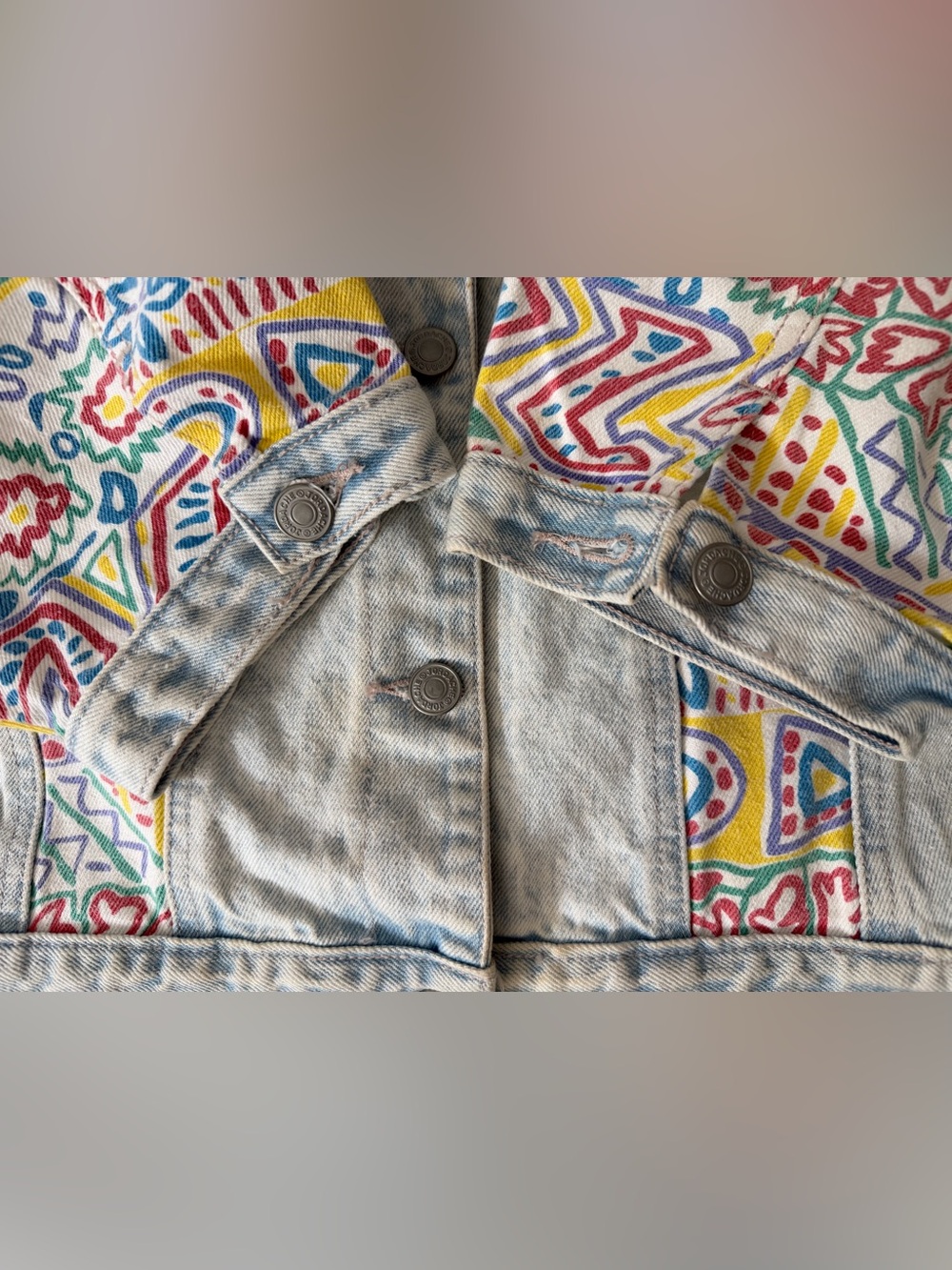 Jordache Light Wash Denim Crop Jacket with Yellow, Pink, Green & Blue Print - Picture 3 of 16